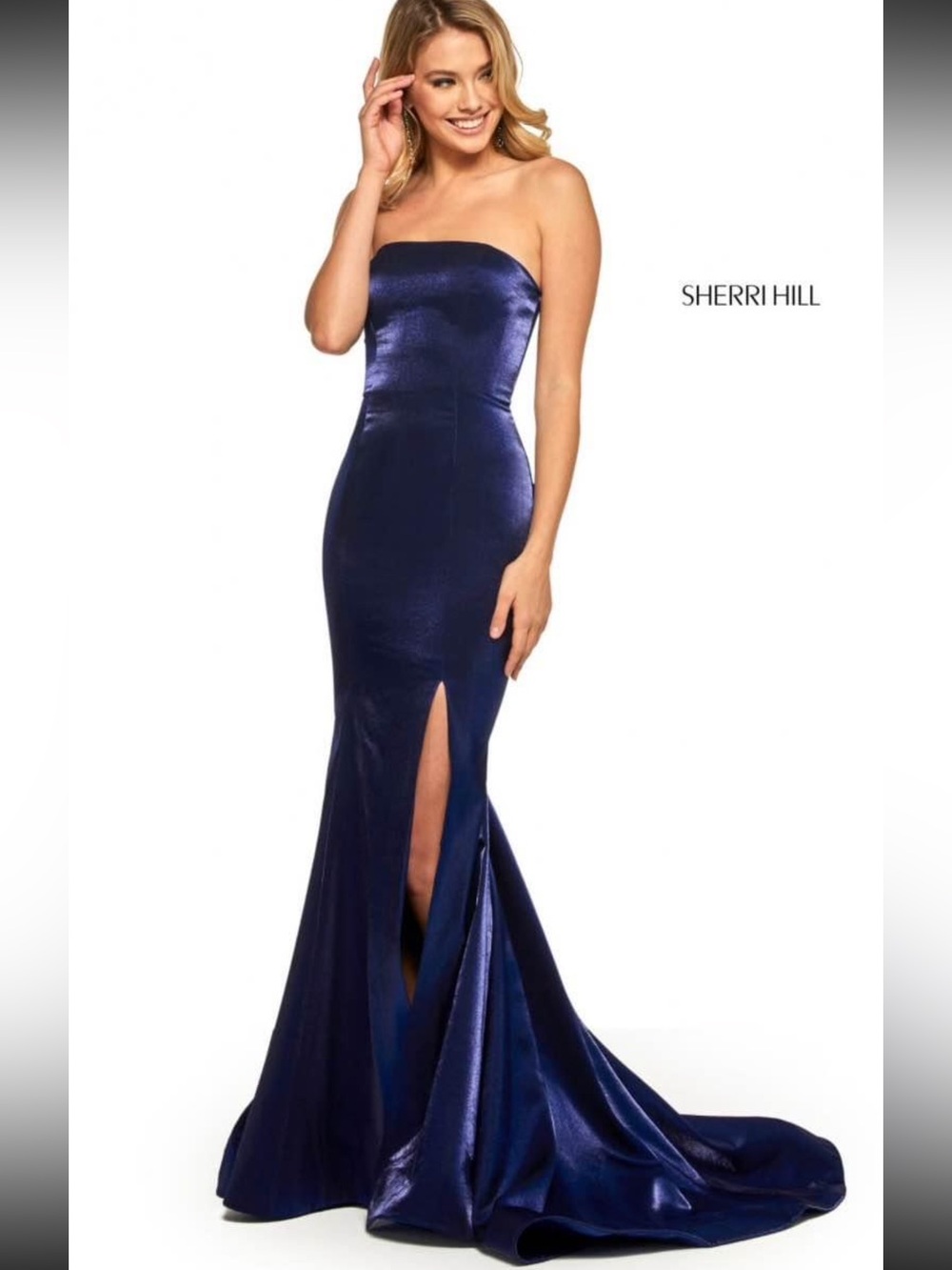 Sherri Hill Navy Satin Strapless Slit Gown - #52961